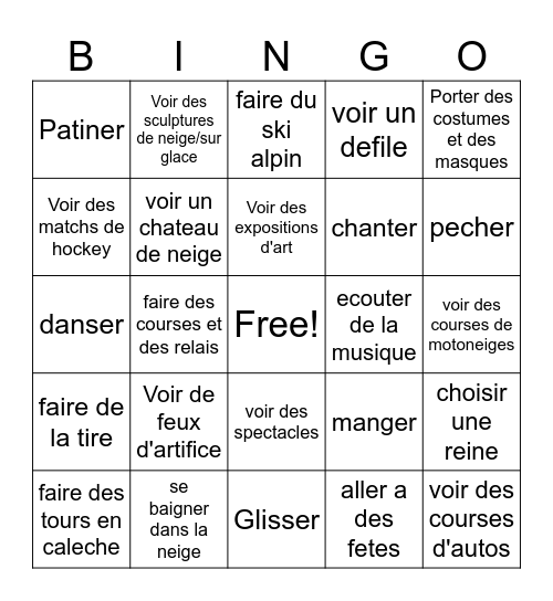 Des Activites (Le Carnaval de Quebec) Bingo Card