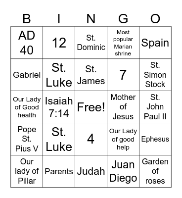 Virgin Mary Bingo Card