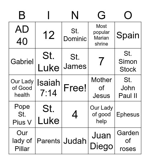 Virgin Mary Bingo Card