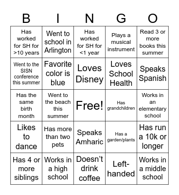School Health Bingo! Bingo Card