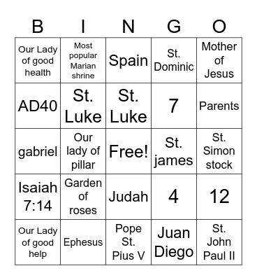 Virgin Mary Bingo Card