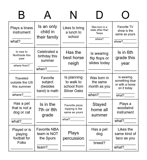 Band Camp Blackout Bingo/Name___________ Bingo Card