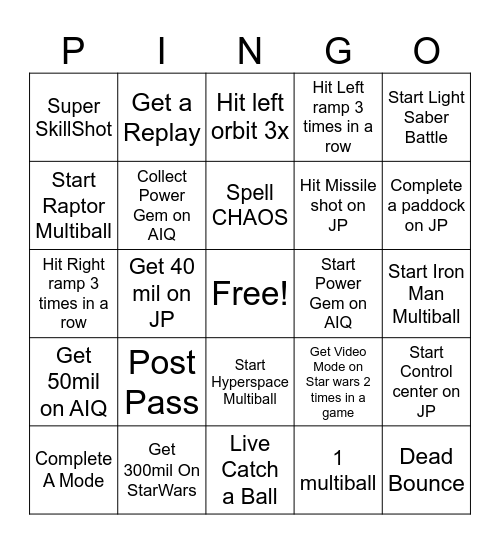 PINGO Bingo Card