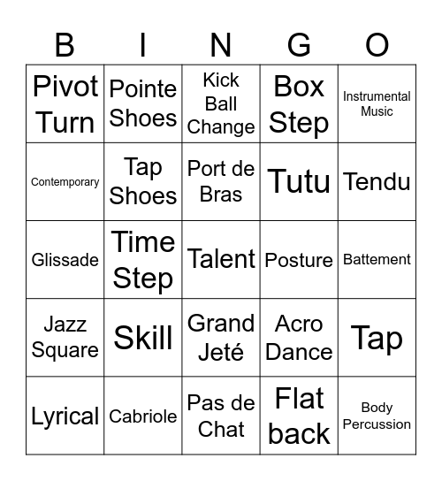 Dance Bingo Card