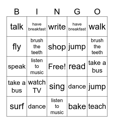 action verbs Bingo Card