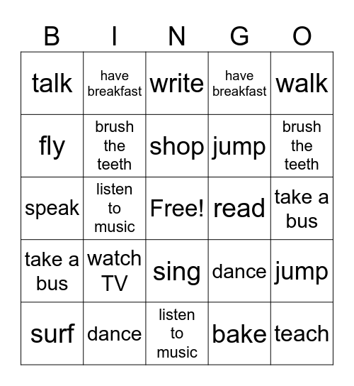 action verbs Bingo Card