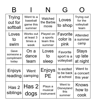 PE Autograph Bingo Card