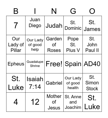 Virgin Mary Bingo Card
