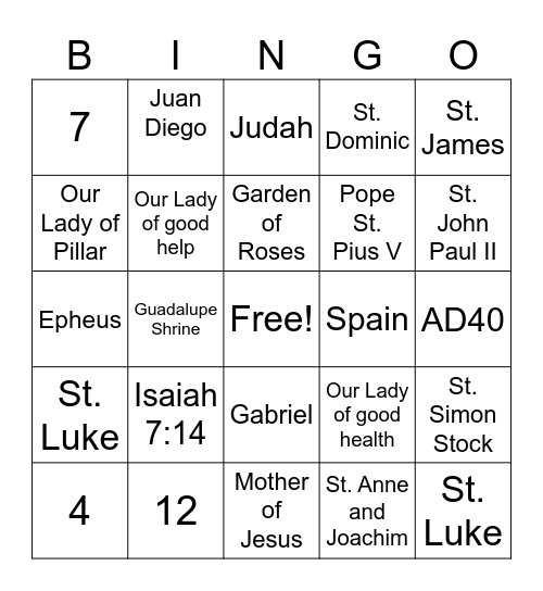 Virgin Mary Bingo Card