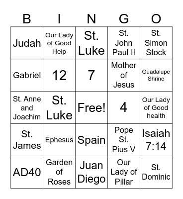 Virgin Mary Bingo Card