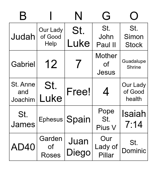 Virgin Mary Bingo Card