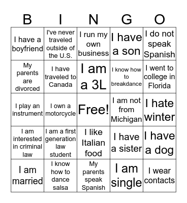 Let me get to know ya! Bingo Card