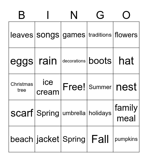 Seasons Bingo Card