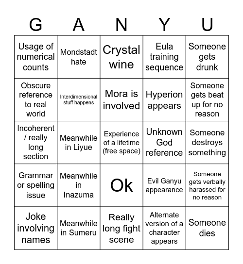 Evil Ganyu Bingo 2.1 Bingo Card