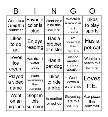 P.E. Autograph Bingo Card