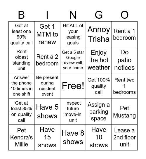 Terraces Leasing August BINGO Card