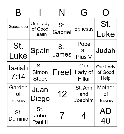 August/Virgin Mary Bingo Card