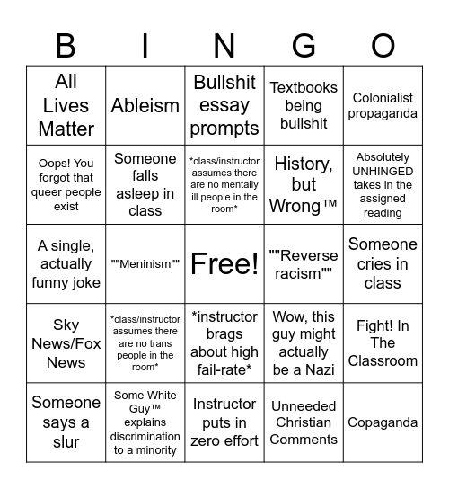 Uni Bullshit Bingo Card