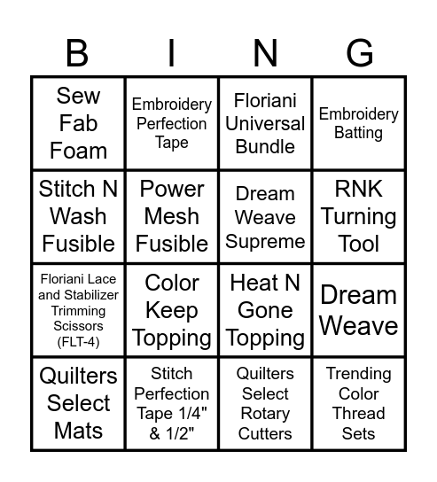 Floriani Stabilizer and Tool Bingo Card