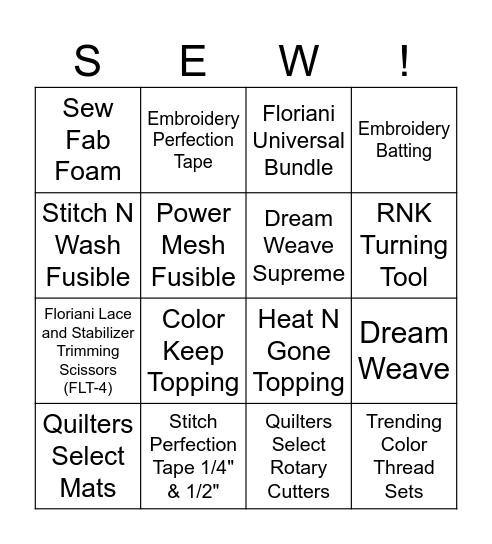 Floriani Stabilizer and Tools Bingo Card