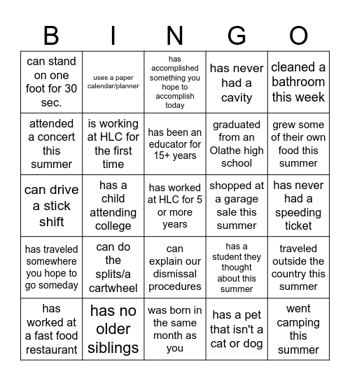 Find a Staff Member WHO... Bingo Card