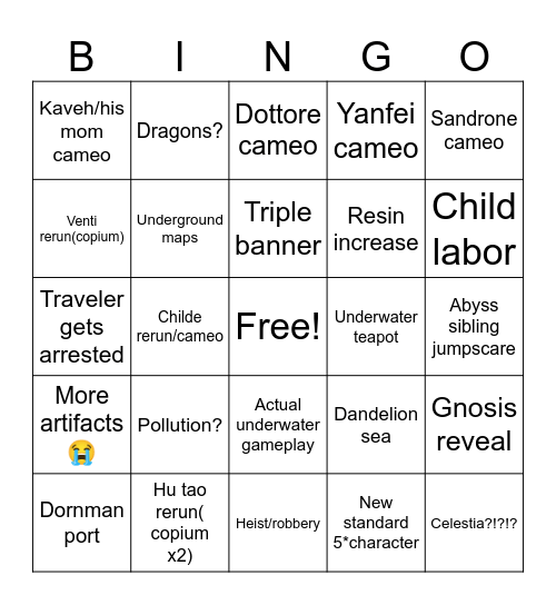 Genshin 4.0 livestream bingo Card