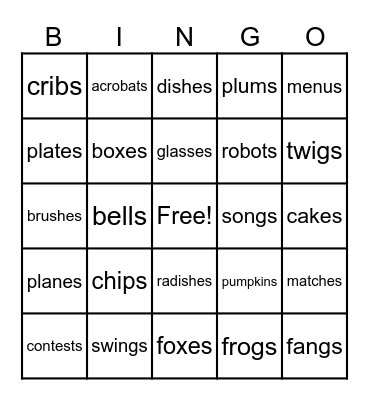 Suffix -s & -es Bingo Card