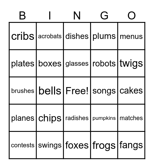 Suffix -s & -es Bingo Card