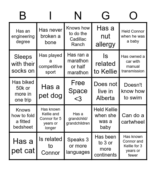 Kellie and Connor Wedding Bingo Card