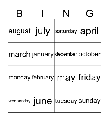 months and days of the year Bingo Card