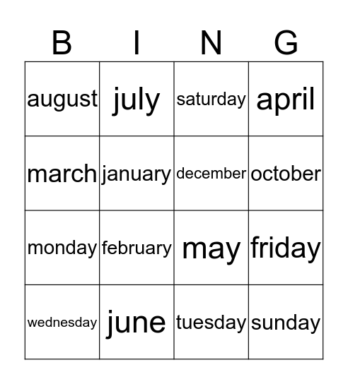 months and days of the year Bingo Card