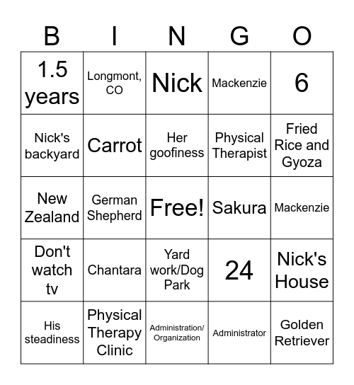 Mackenzie's Bridal Shower Bingo Card