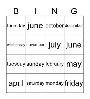 days and months of the year Bingo Card