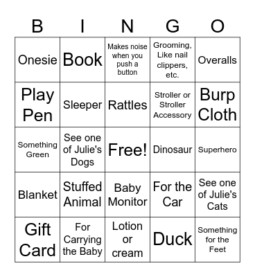 Julie's Baby Shower Bingo Card