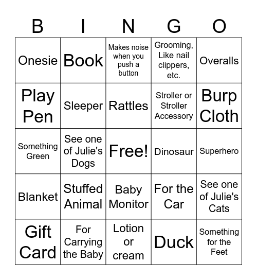 Julie's Baby Shower Bingo Card