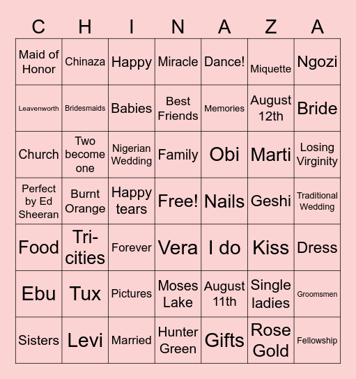 Chinaza's Bachelorette Weekend Bingo Card