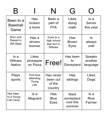 Get to Know you Bingo Card