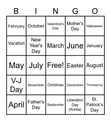 12 Months of the Year & Holidays! Bingo Card