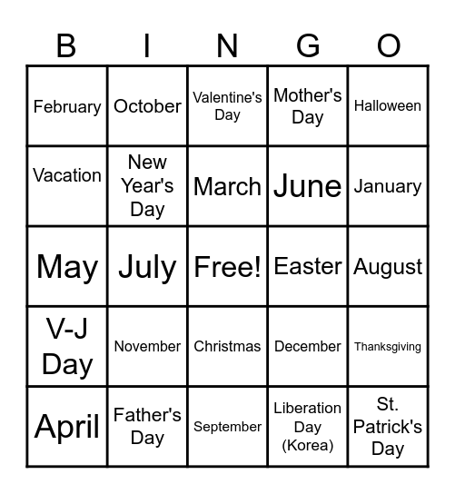 12 Months of the Year & Holidays! Bingo Card