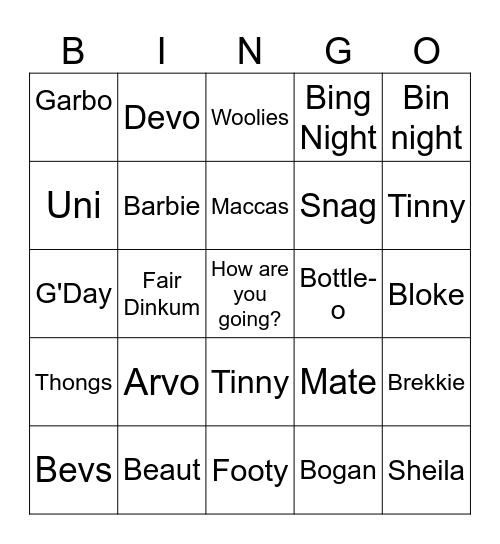 Slang Bingo Card