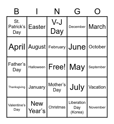 12 Months of the Year & Holidays Bingo Card