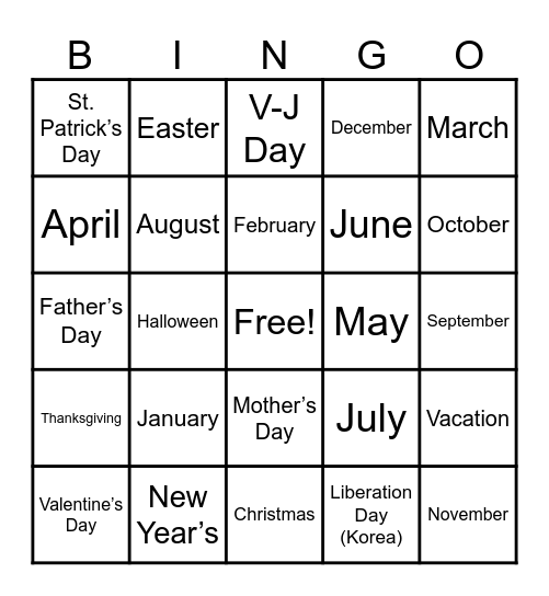 12 Months of the Year & Holidays Bingo Card