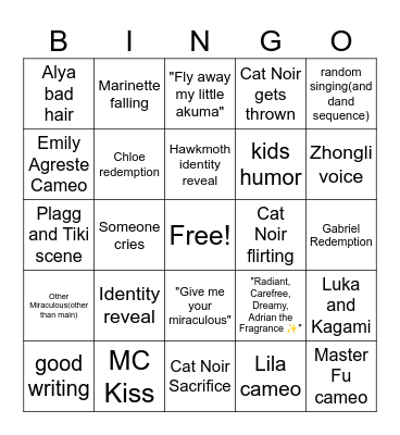 Miraculous Bingo Card