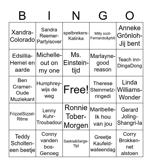 Nederlandse deelnemers song festival Bingo Card
