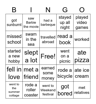 Summer holidays Bingo Card