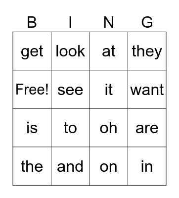 Sight Words Bingo Card