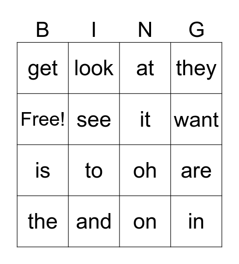 Sight Words Bingo Card