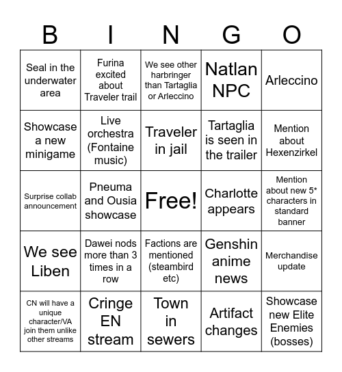 Genshin 4.0 stream Bingo Card