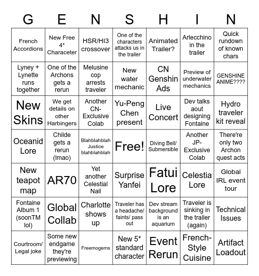 Genshin 4.0 Bingo Card