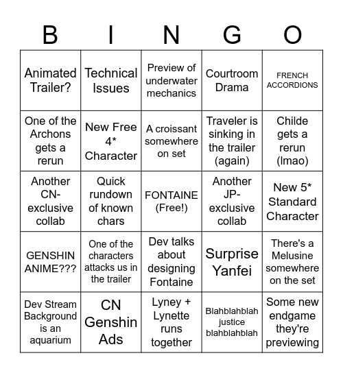 Genshin 4.0 Stream Bingo Card